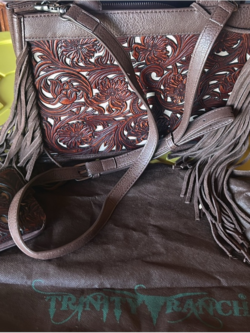 Trinity Tooled Floral Leather Fringe Shoulder Bag in Brown